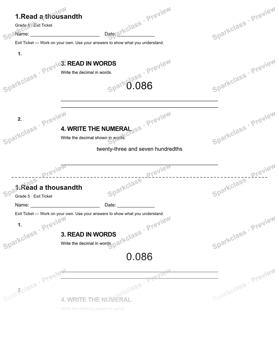 1.Read a thousandth — Exit Ticket — Grade 5 worksheet preview