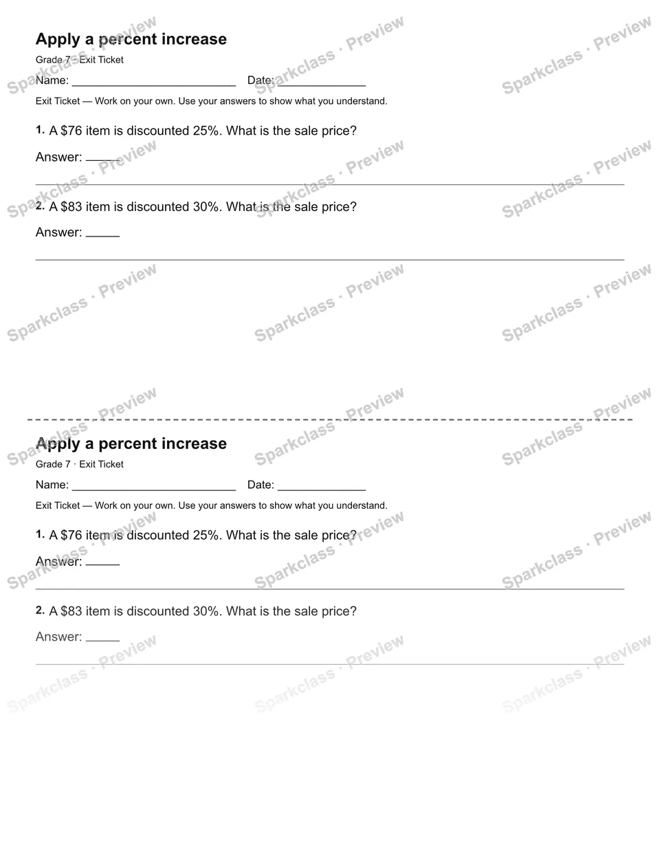 Apply a percent increase — Exit Ticket — Grade 7 worksheet preview
