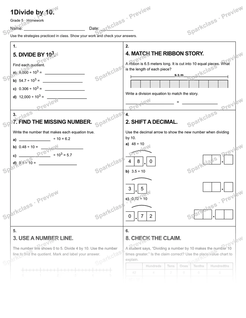1Divide by 10. — Homework — Grade 5 worksheet preview