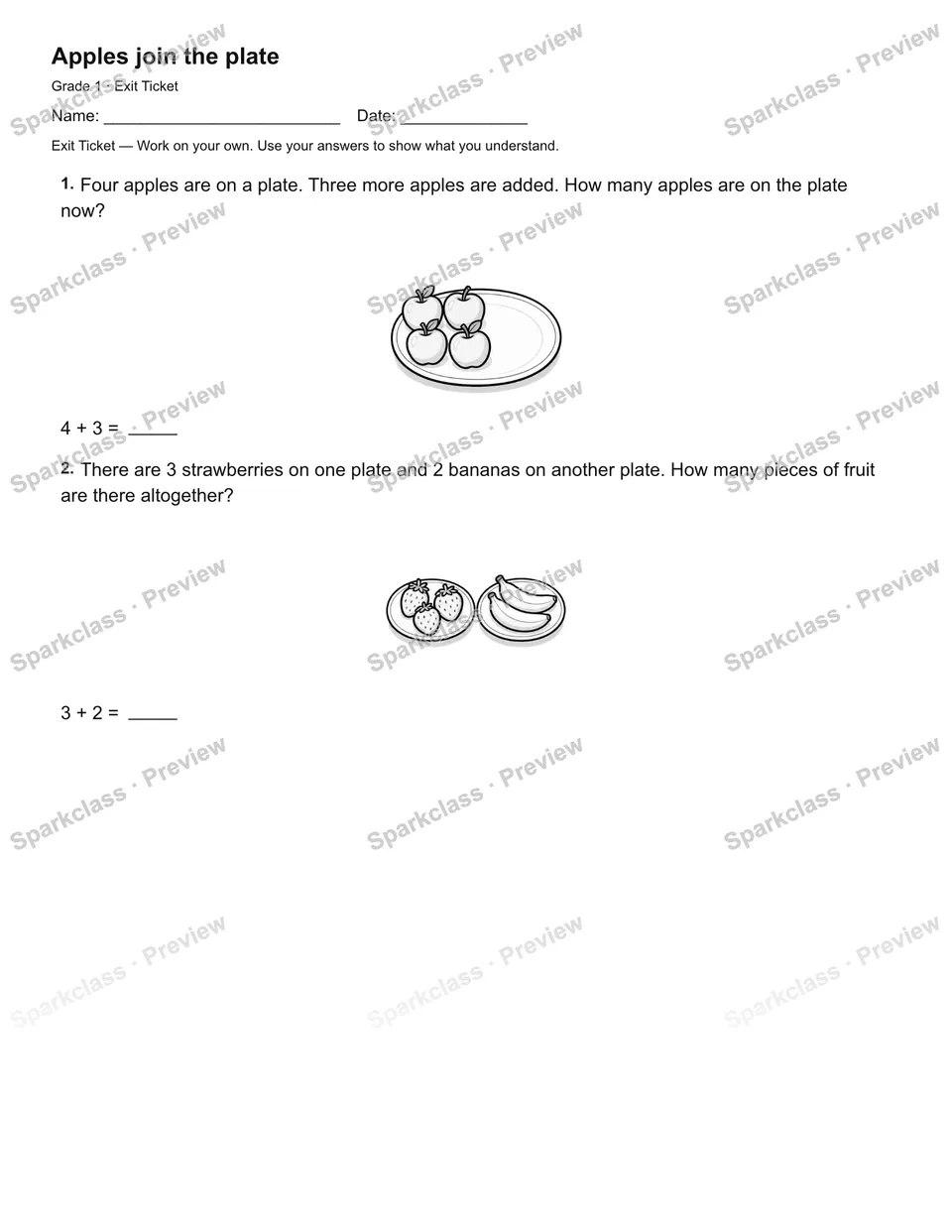 Apples join the plate — Exit Ticket — Grade 1 worksheet preview