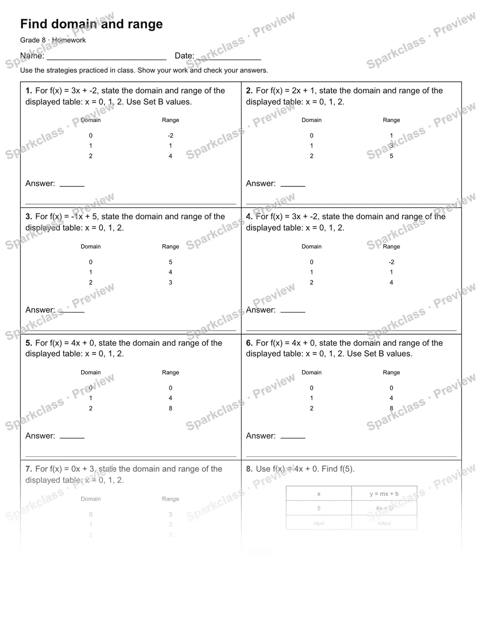 Find domain and range — Homework — Grade 8 worksheet preview