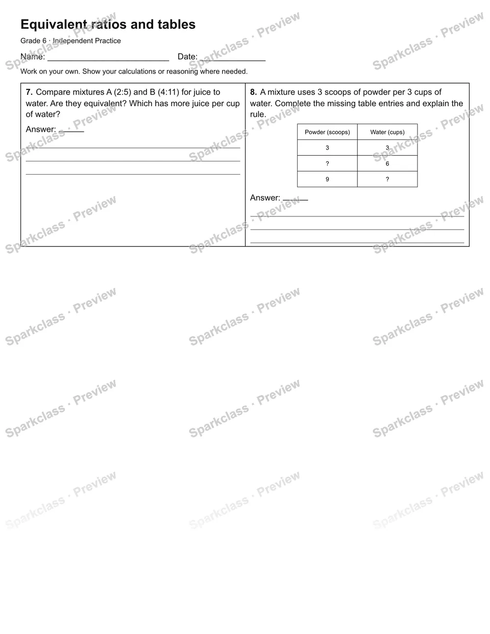 Equivalent ratios and tables — Independent Practice — page 2