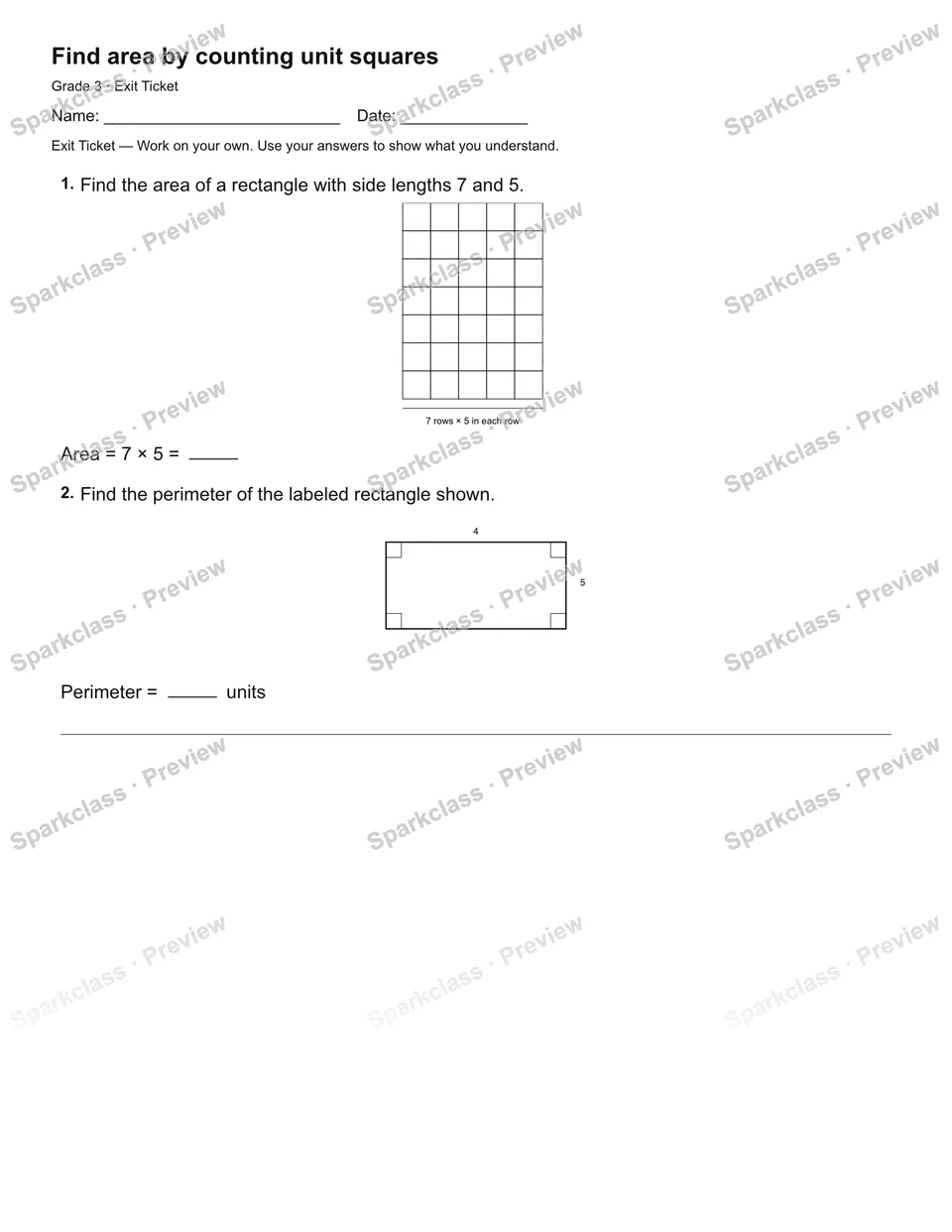 Find area by counting unit squares — Exit Ticket — Grade 3 worksheet preview