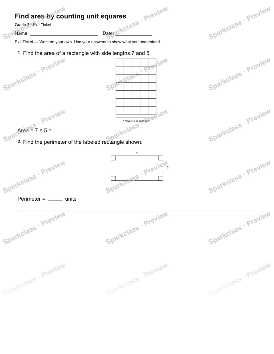 Find area by counting unit squares — Exit Ticket — page 2