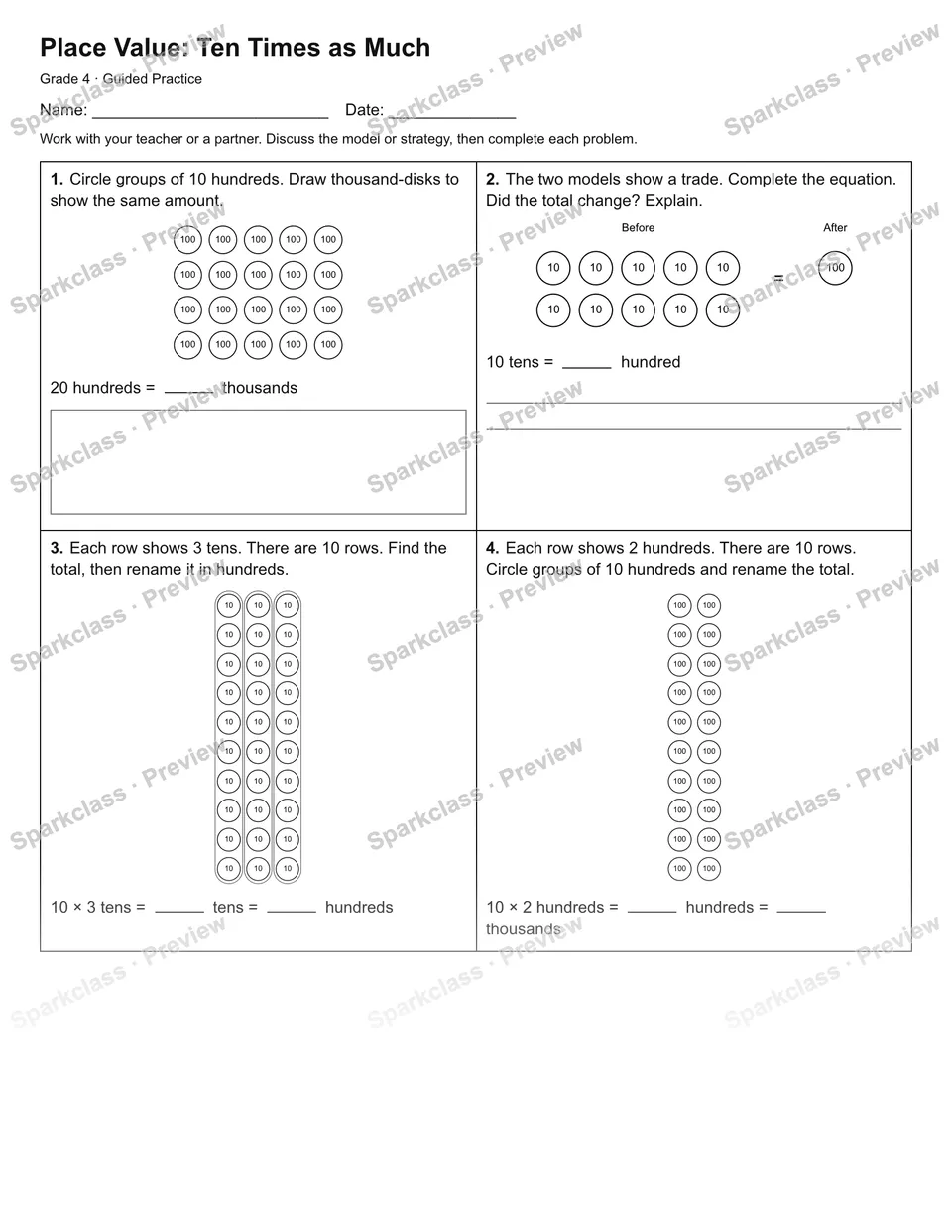 Place Value: Ten Times as Much — Guided Practice — Grade 4 worksheet preview