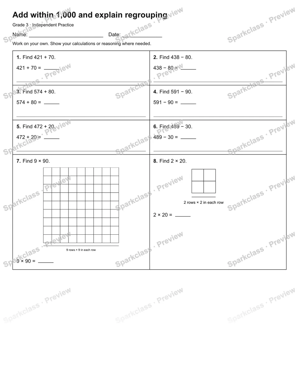 Add within 1,000 and explain regrouping — Independent Practice — Grade 3 worksheet preview