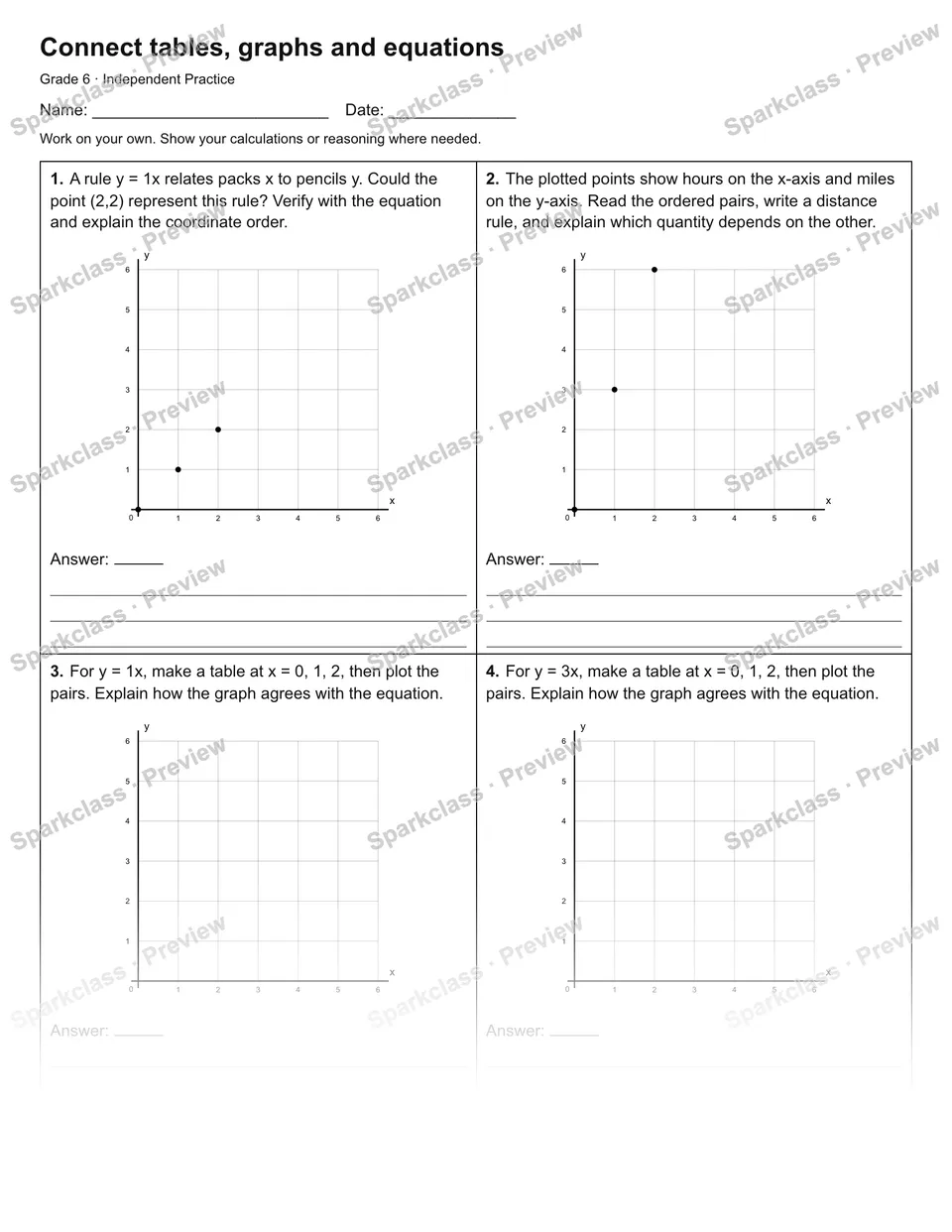 Connect tables, graphs and equations — Independent Practice — Grade 6 worksheet preview