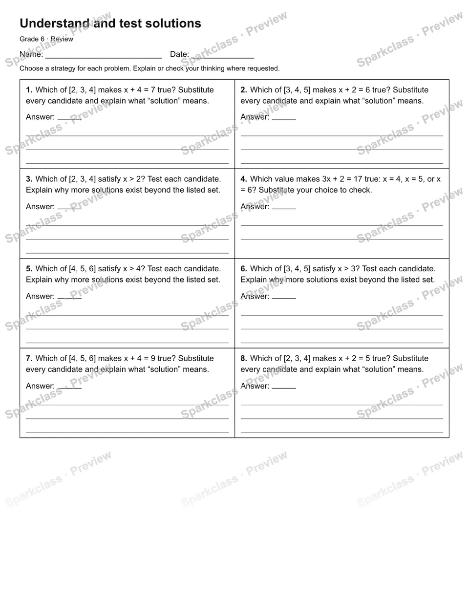 Understand and test solutions — Review — Grade 6 worksheet preview