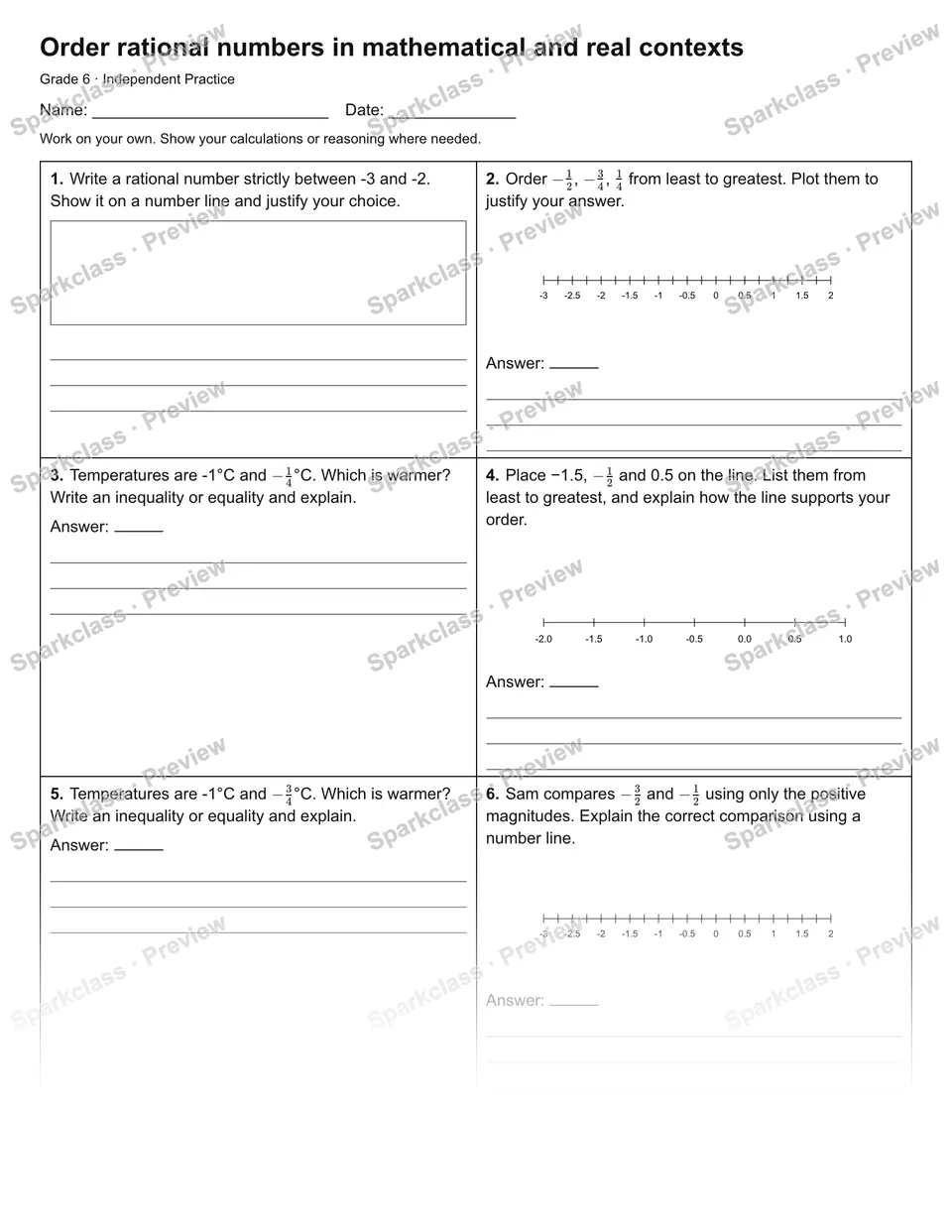 Order rational numbers in mathematical and real contexts — Independent Practice — Grade 6 worksheet preview