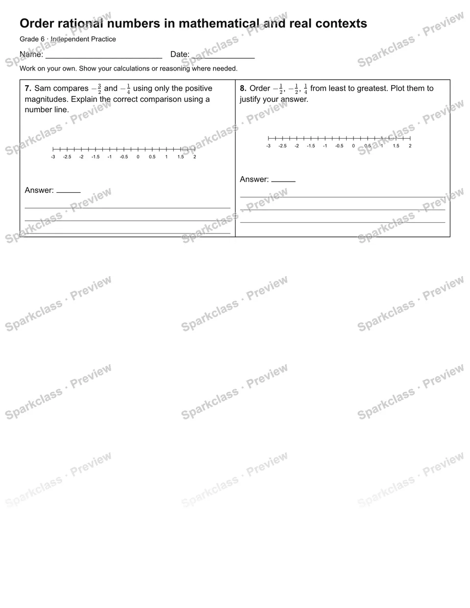 Order rational numbers in mathematical and real contexts — Independent Practice — page 2