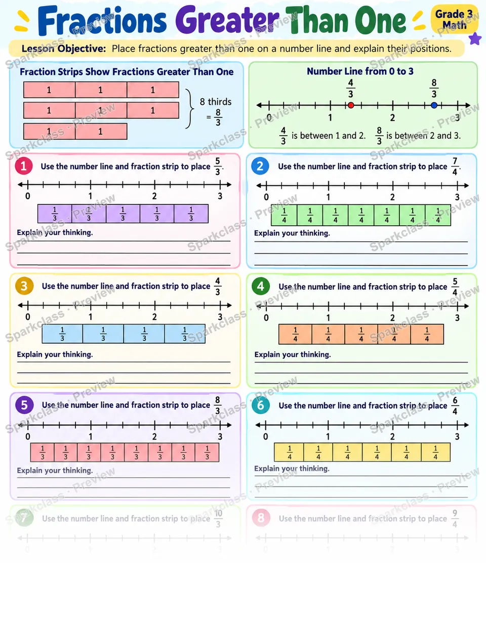 Fractions Greater Than One — Grade 3 worksheet preview