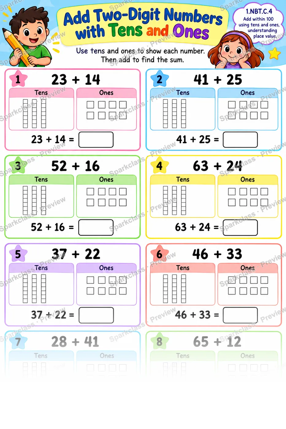Add Two Digit Numbers Place Value — Grade 1 worksheet preview