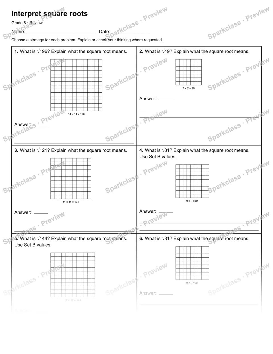 Interpret square roots — Review — Grade 8 worksheet preview
