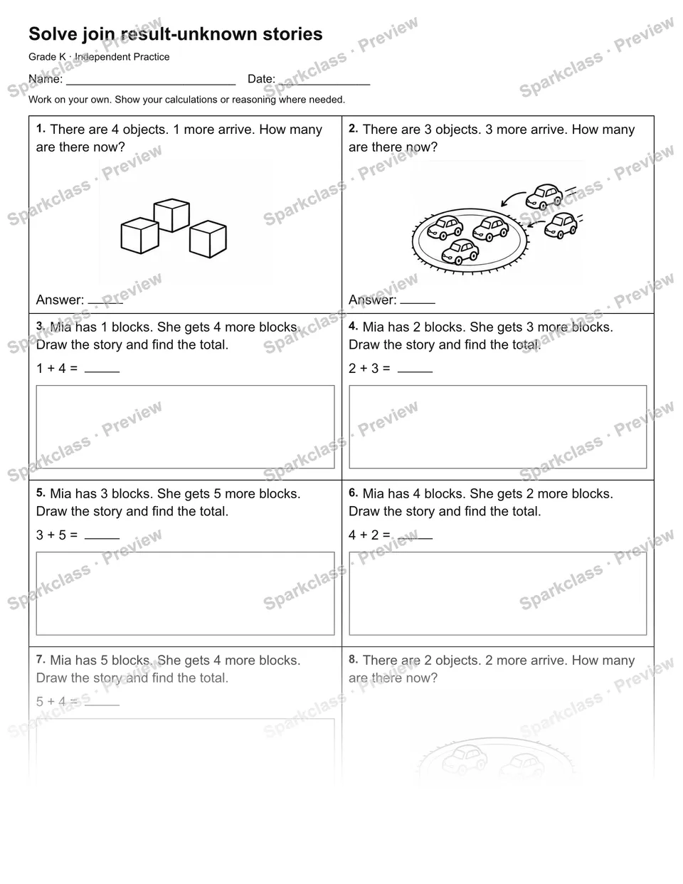 Solve join result-unknown stories — Independent Practice — Kindergarten worksheet preview