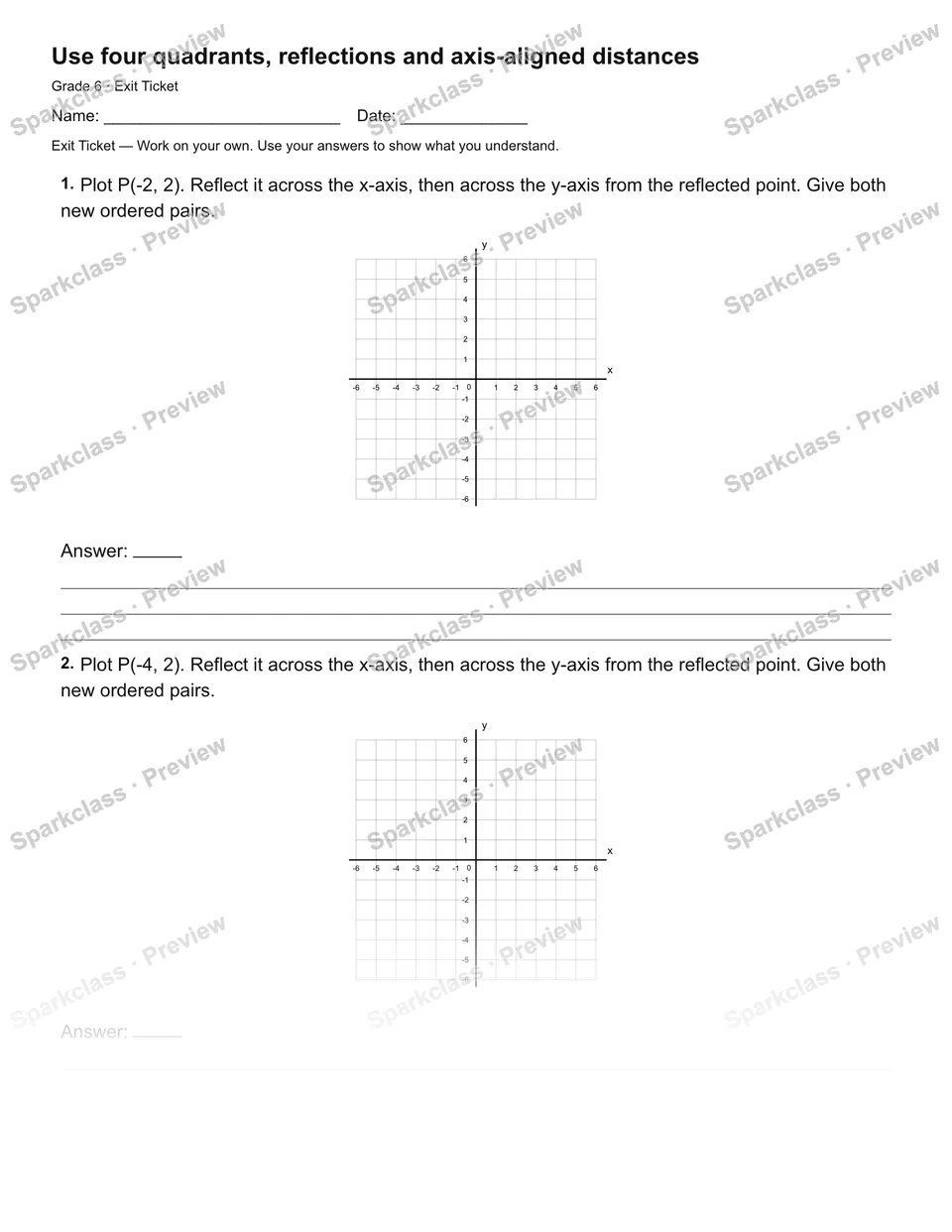 Use four quadrants, reflections and axis-aligned distances — Exit Ticket — page 2
