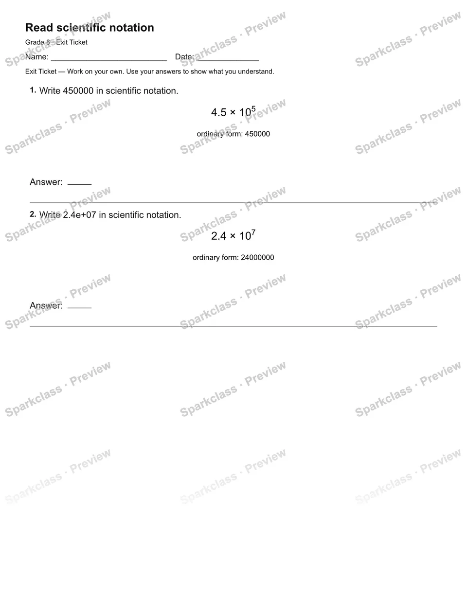 Read scientific notation — Exit Ticket — page 2