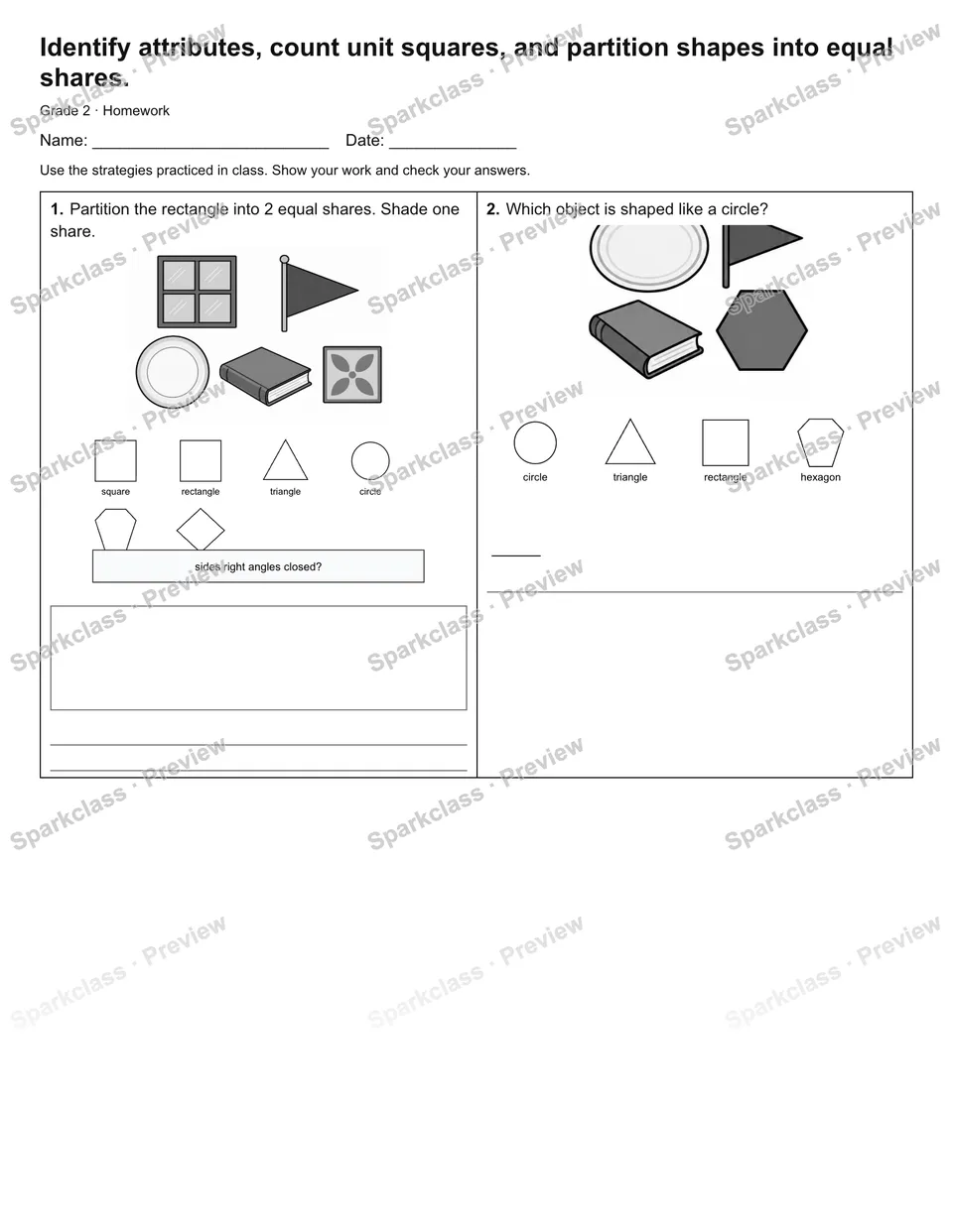 Identify attributes, count unit squares, and partition shapes into equal shares. — Homework — Grade 2 worksheet preview