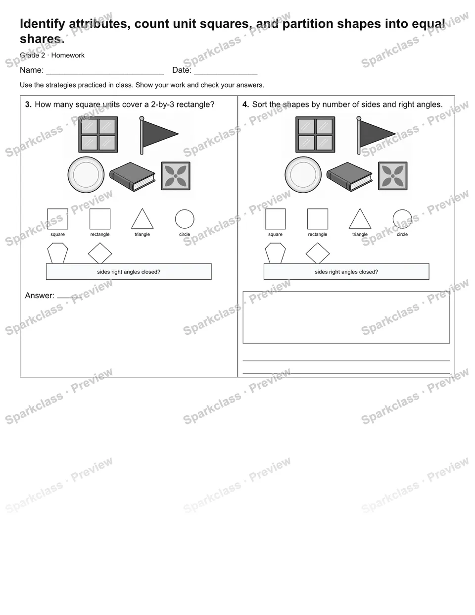 Identify attributes, count unit squares, and partition shapes into equal shares. — Homework — page 2