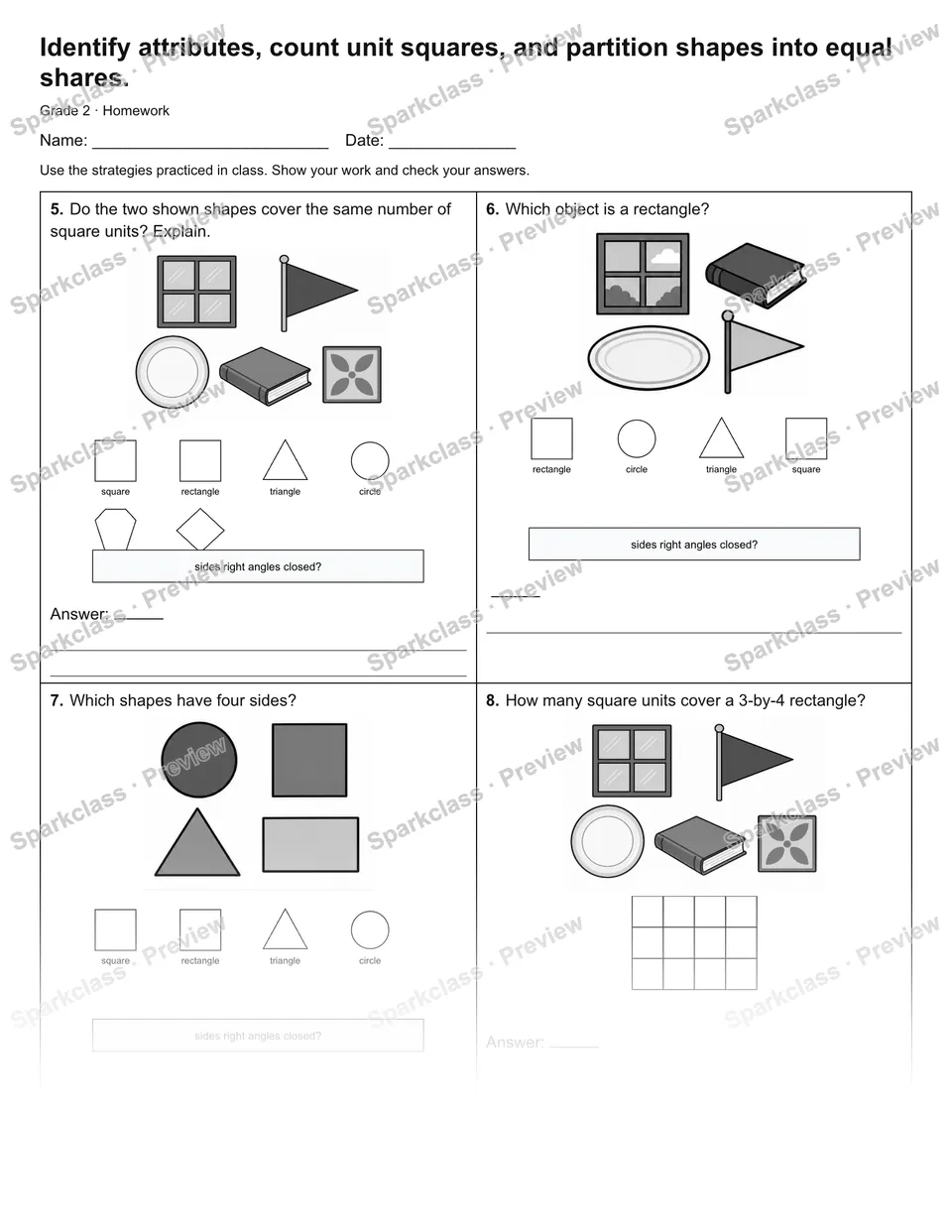 Identify attributes, count unit squares, and partition shapes into equal shares. — Homework — page 3