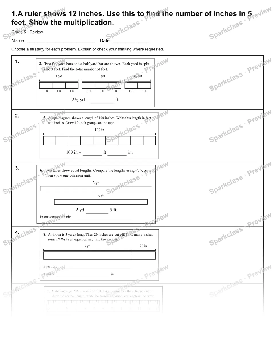 1.A ruler shows 12 inches. Use this to find the number of inches in 5 feet. Show the multiplication. — Review — Grade 5 worksheet preview