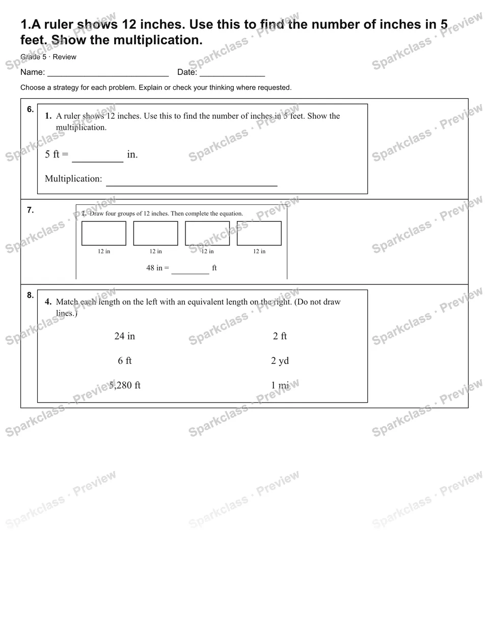 1.A ruler shows 12 inches. Use this to find the number of inches in 5 feet. Show the multiplication. — Review — page 2