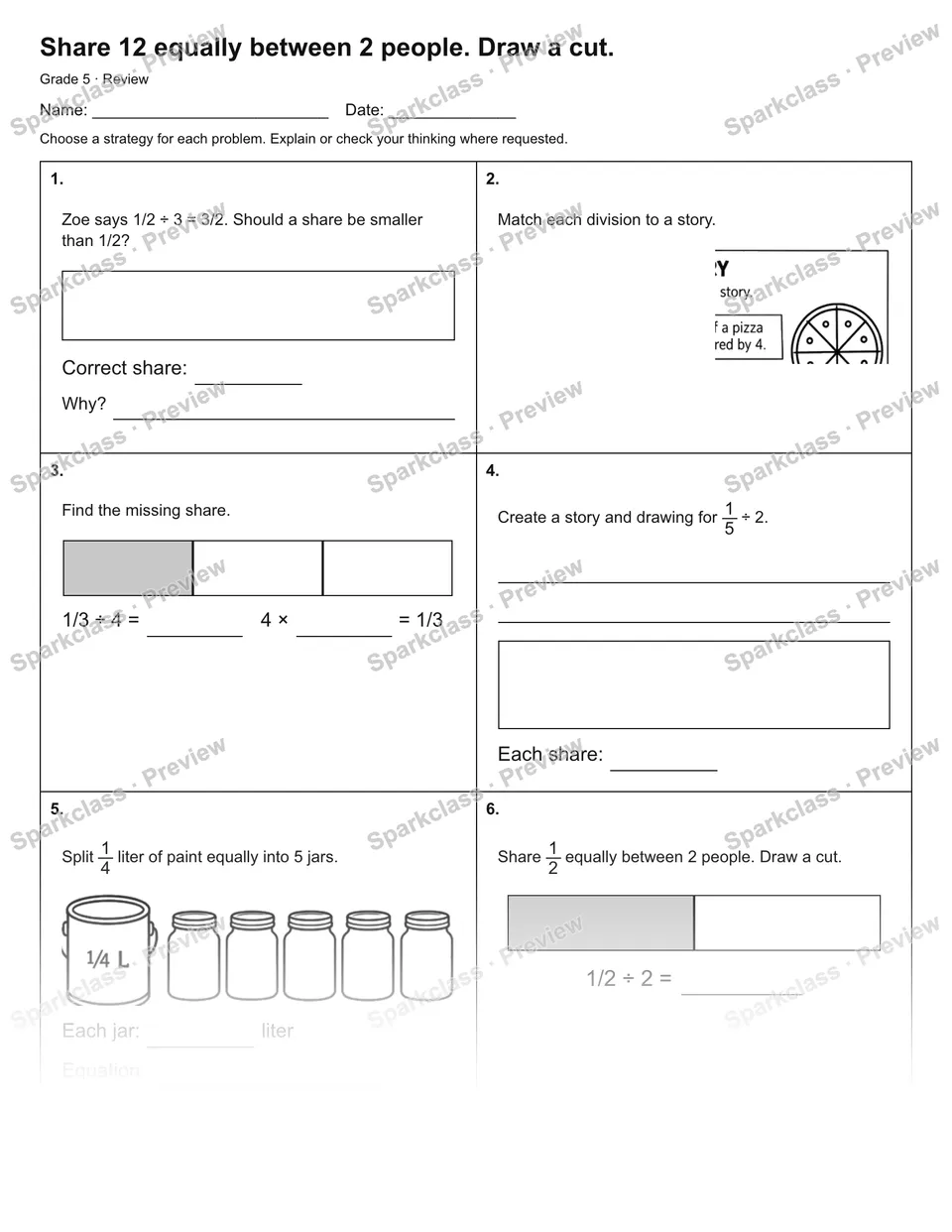 Share 12 equally between 2 people. Draw a cut. — Review — Grade 5 worksheet preview