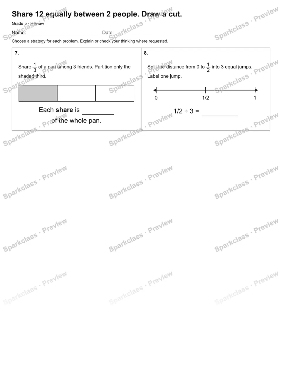 Share 12 equally between 2 people. Draw a cut. — Review — page 2