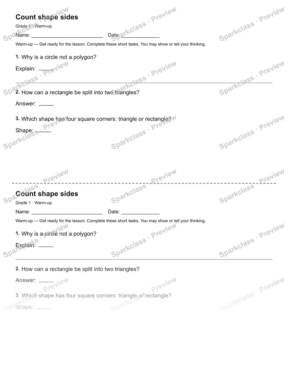 Count shape sides — Warm-up — Grade 1 worksheet preview