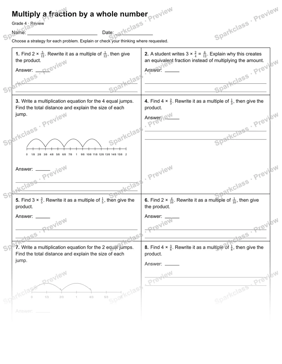 Multiply a fraction by a whole number — Review — Grade 4 worksheet preview
