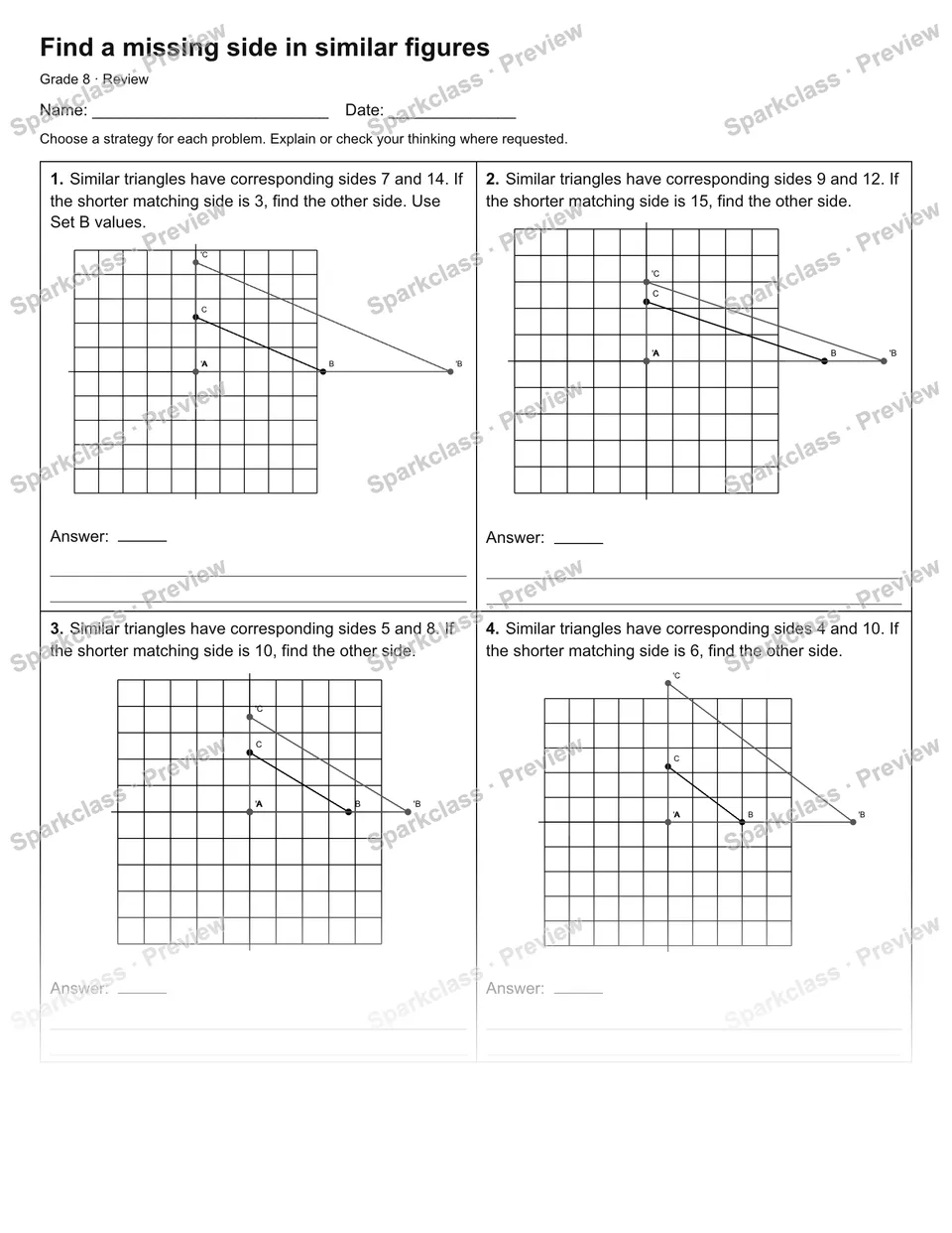 Find a missing side in similar figures — Review — Grade 8 worksheet preview