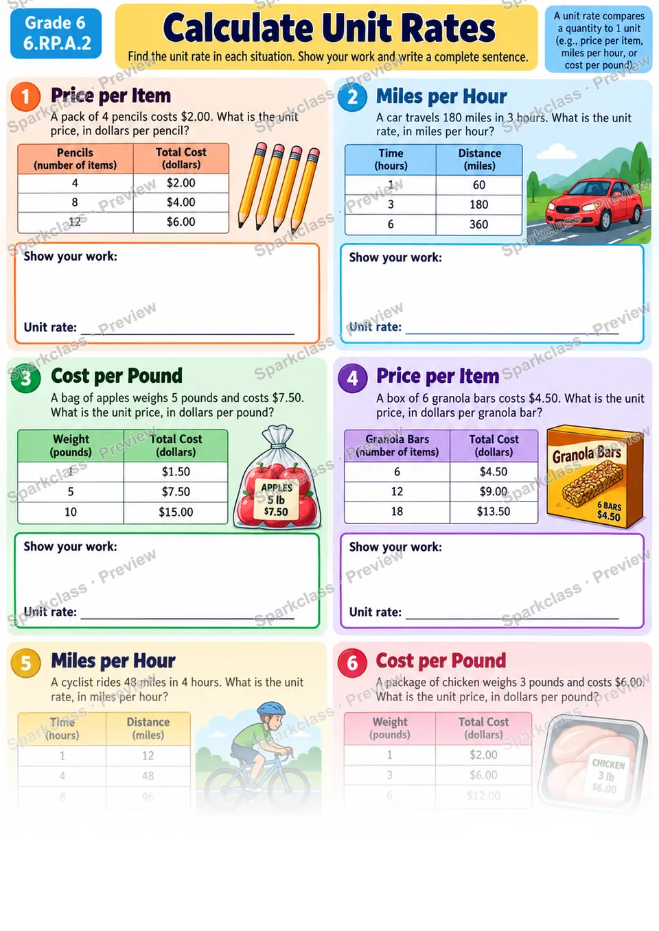 Calculate Unit Rates — Grade 6 worksheet preview
