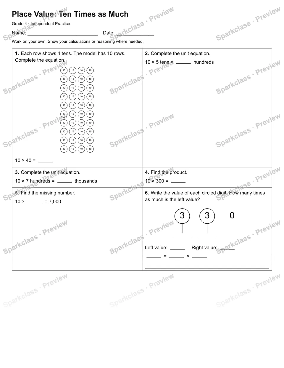 Place Value: Ten Times as Much — Independent Practice — Grade 4 worksheet preview