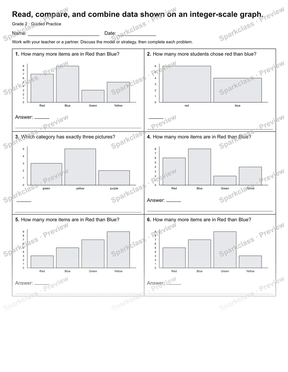 Read, compare, and combine data shown on an integer-scale graph. — Guided Practice — Grade 2 worksheet preview