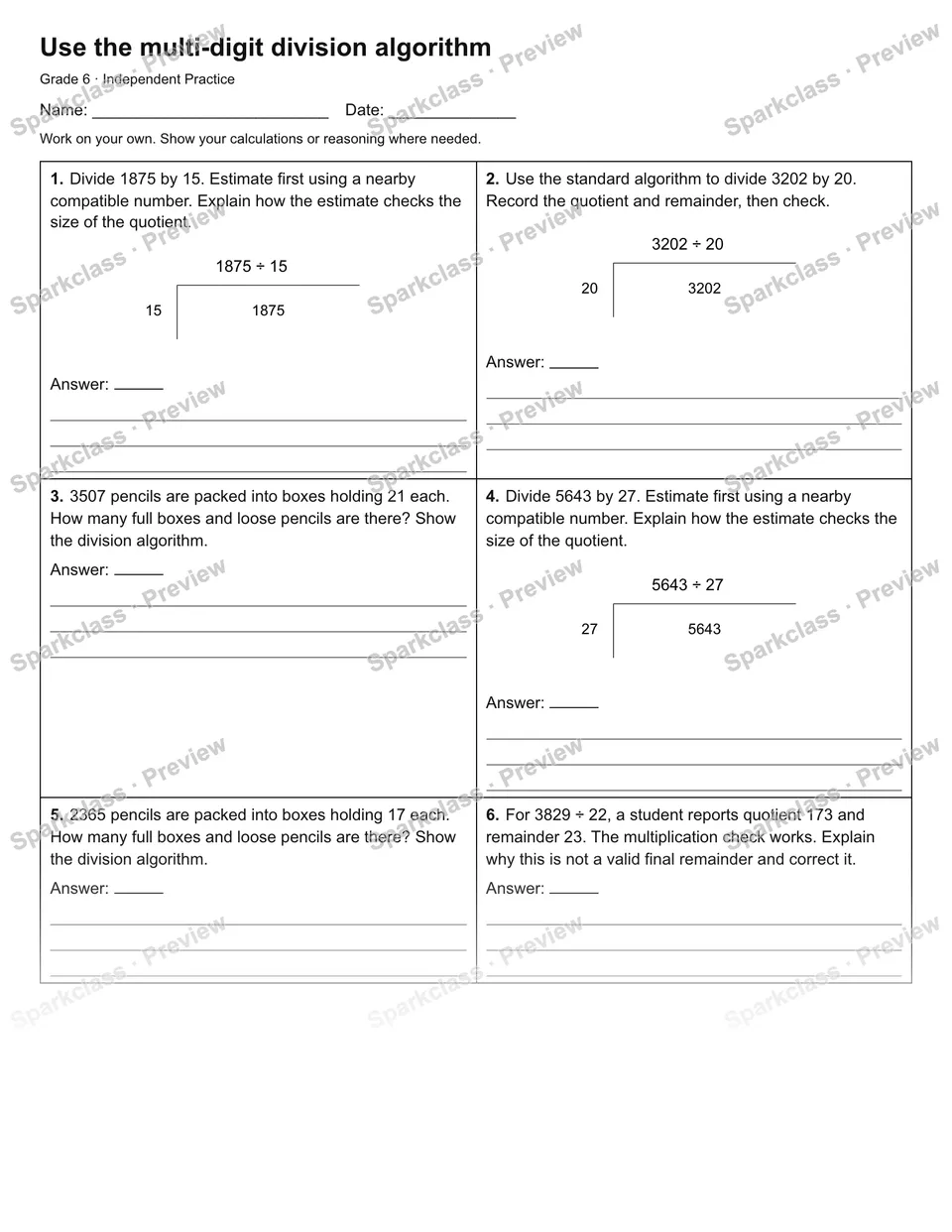 Use the multi-digit division algorithm — Independent Practice — Grade 6 worksheet preview