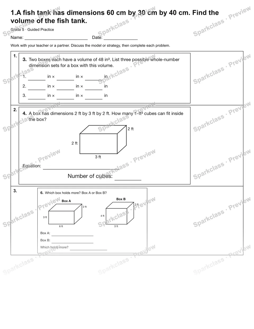 1.A fish tank has dimensions 60 cm by 30 cm by 40 cm. Find the volume of the fish tank. — Guided Practice — Grade 5 worksheet preview