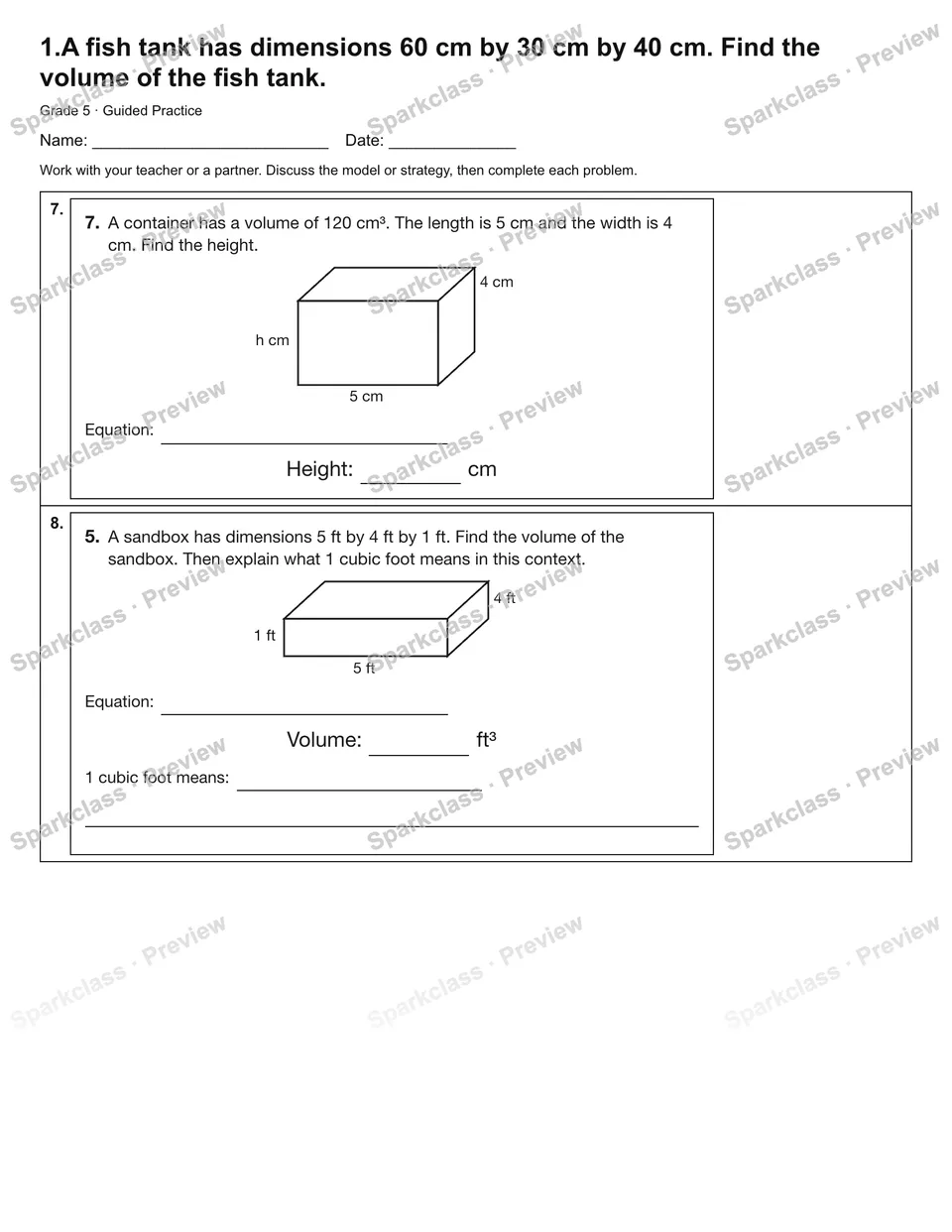 1.A fish tank has dimensions 60 cm by 30 cm by 40 cm. Find the volume of the fish tank. — Guided Practice — page 3