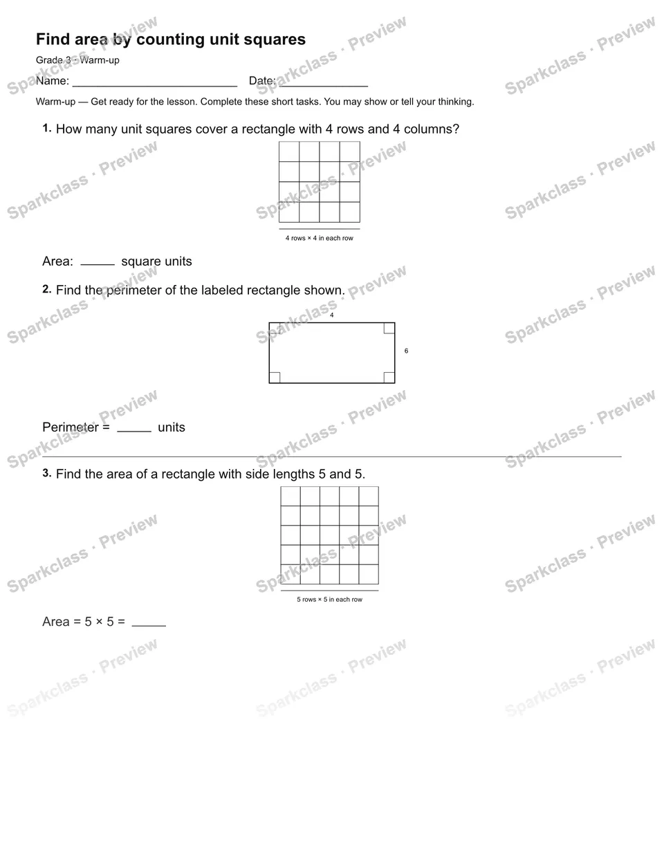 Find area by counting unit squares — Warm-up — Grade 3 worksheet preview