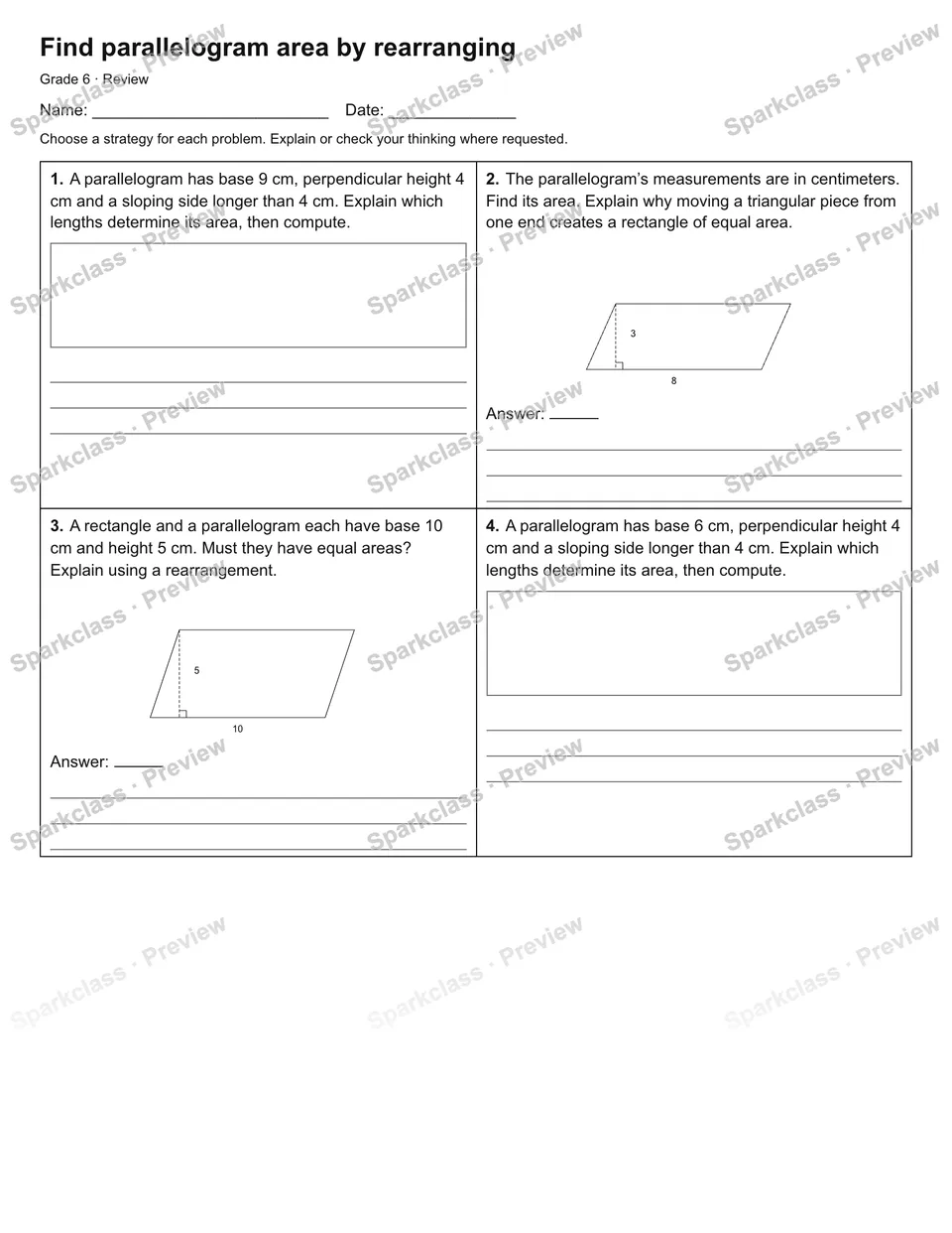 Find parallelogram area by rearranging — Review — Grade 6 worksheet preview