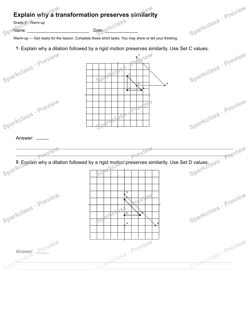 Explain why a transformation preserves similarity — Warm-up — Grade 8 worksheet preview