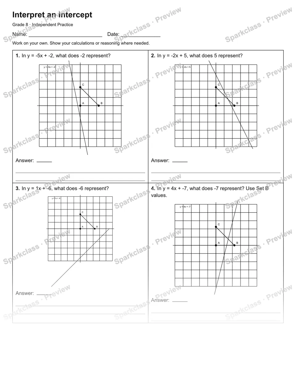 Interpret an intercept — Independent Practice — Grade 8 worksheet preview