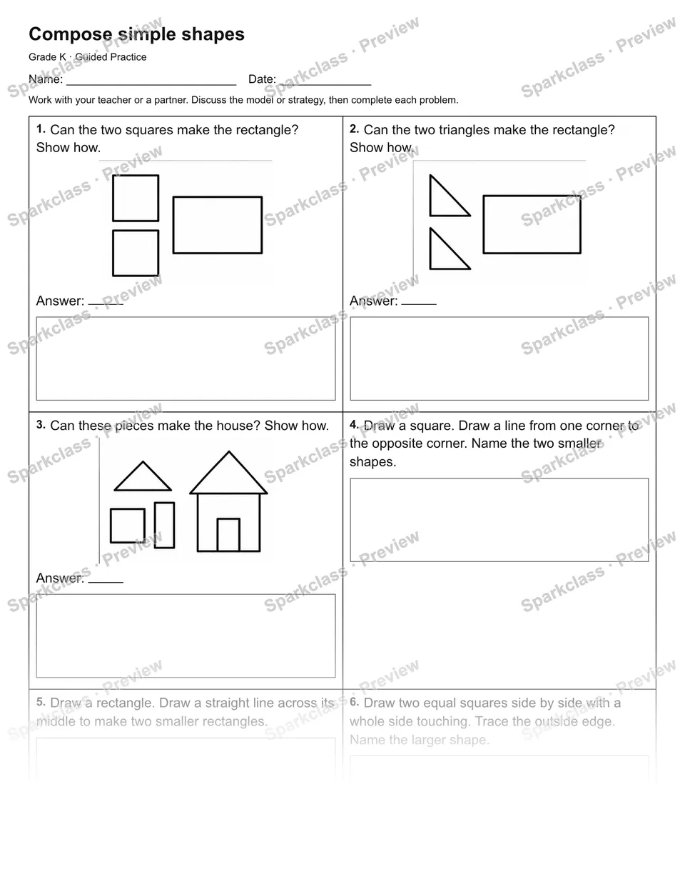 Compose simple shapes — Guided Practice — Kindergarten worksheet preview