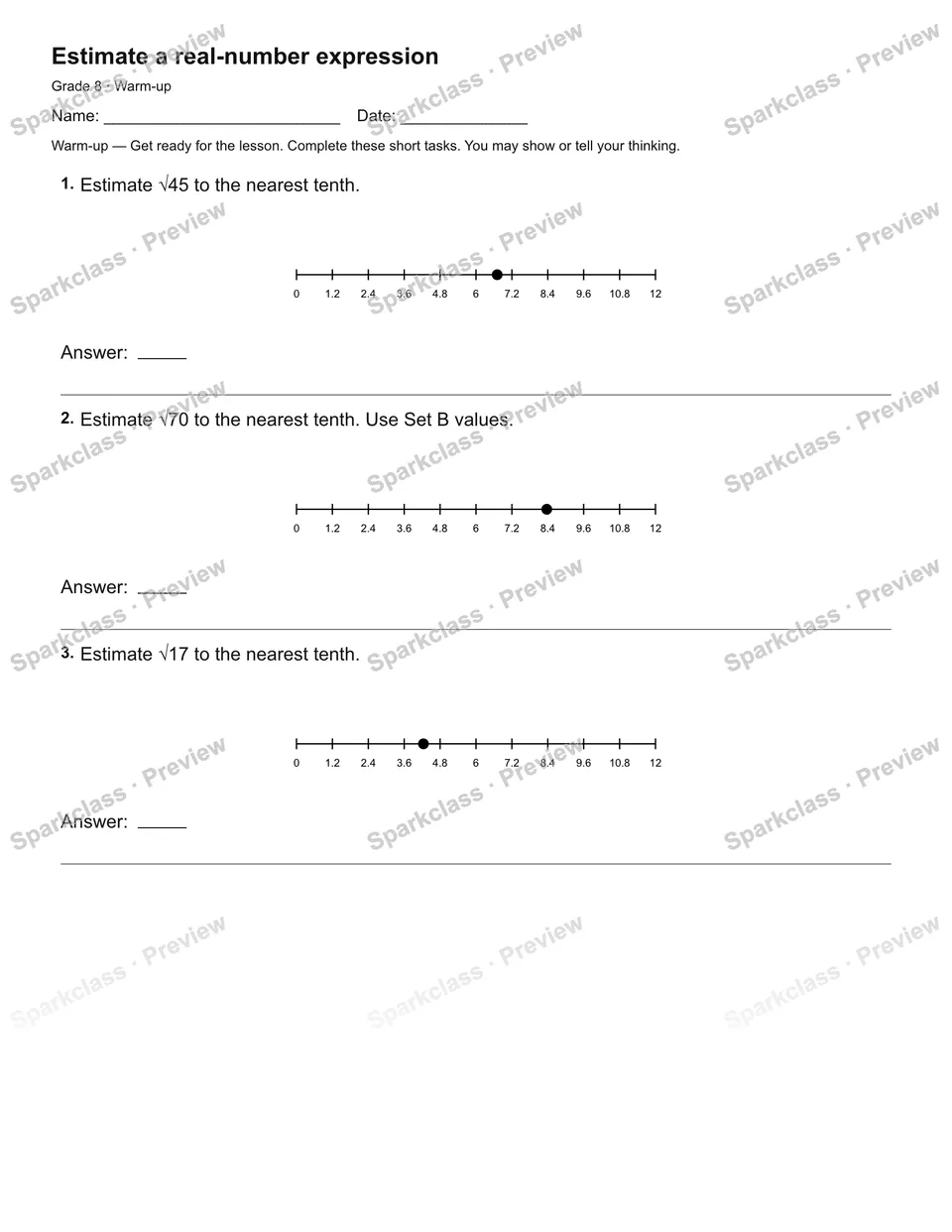 Estimate a real-number expression — Warm-up — Grade 8 worksheet preview