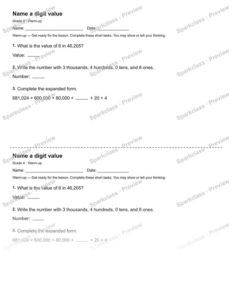 Name a digit value — Warm-up — Grade 4 worksheet preview