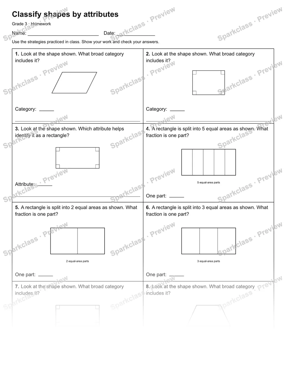 Classify shapes by attributes — Homework — Grade 3 worksheet preview