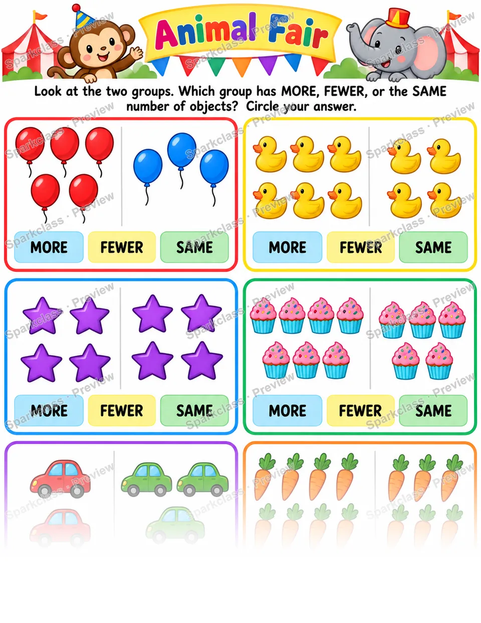 More, Fewer, or Same · Animal Fair — Kindergarten worksheet preview