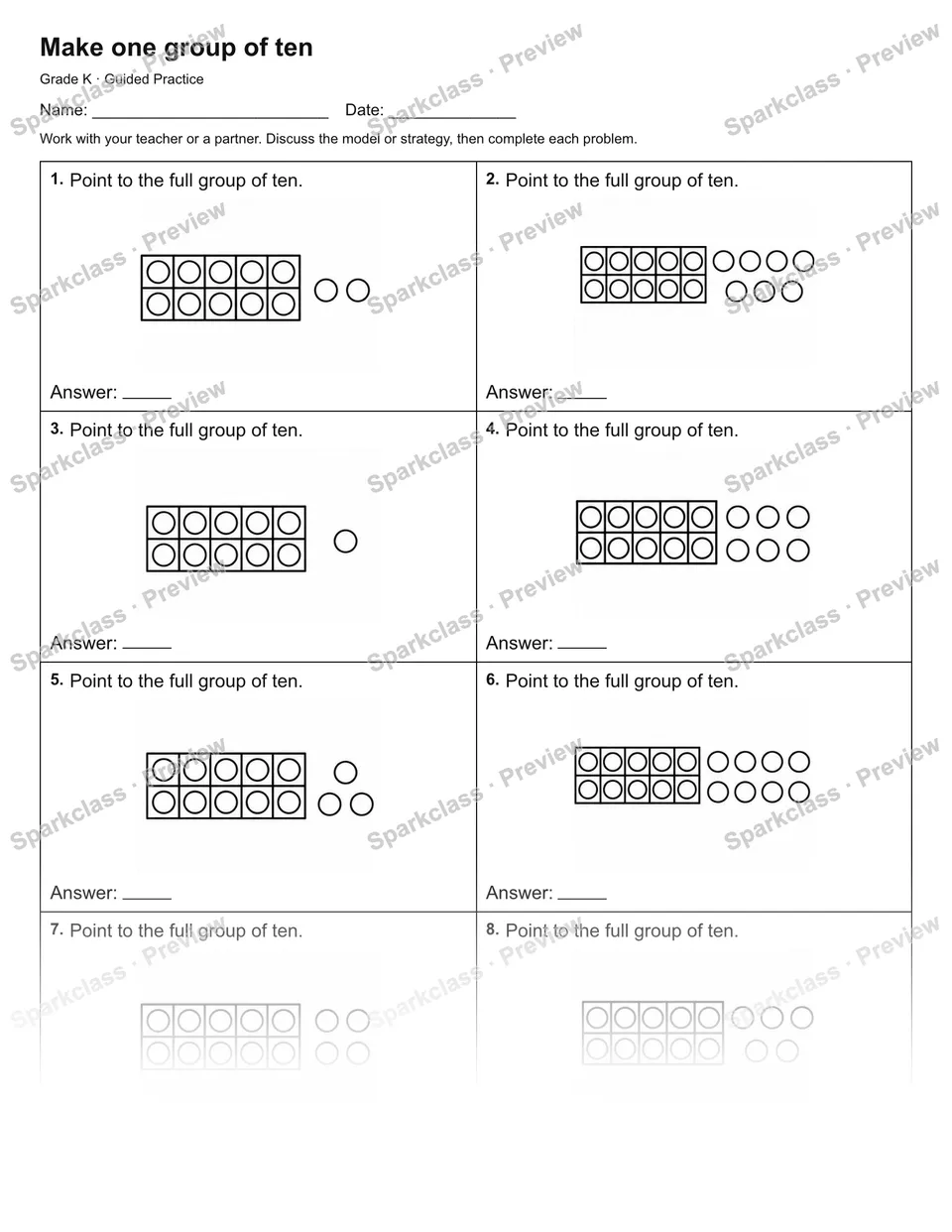 Make one group of ten — Guided Practice — Kindergarten worksheet preview