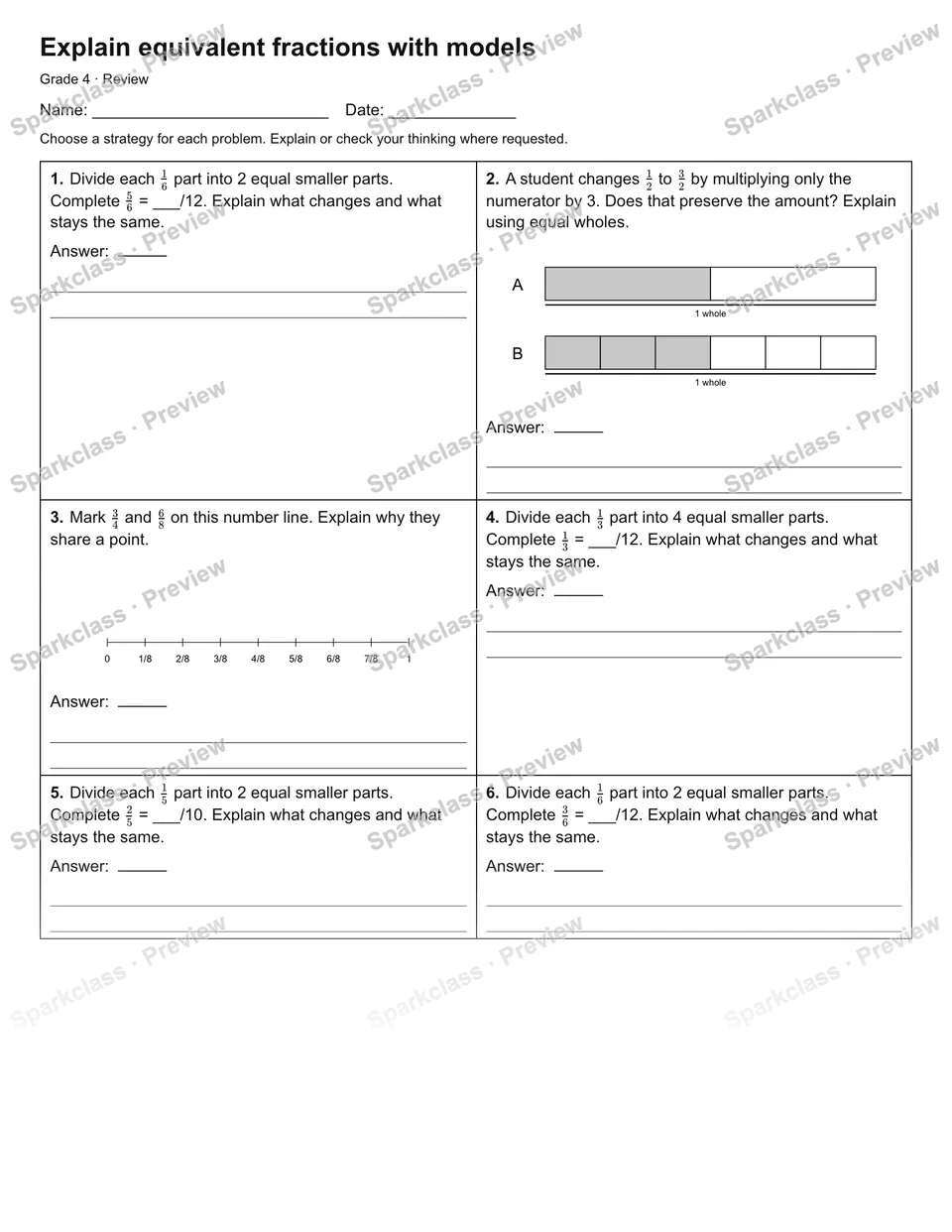 Explain equivalent fractions with models — Review — Grade 4 worksheet preview
