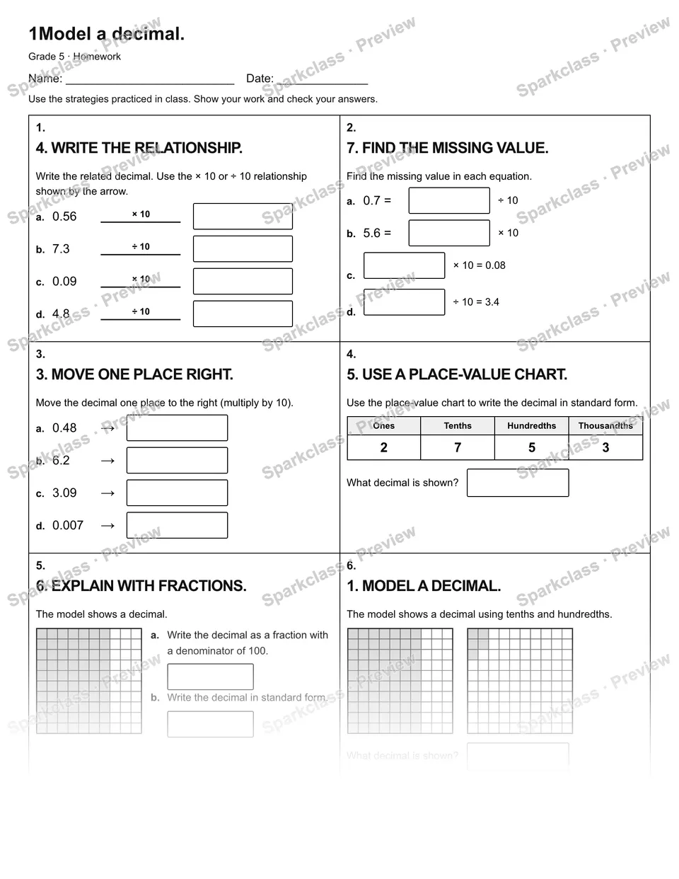 1Model a decimal. — Homework — Grade 5 worksheet preview