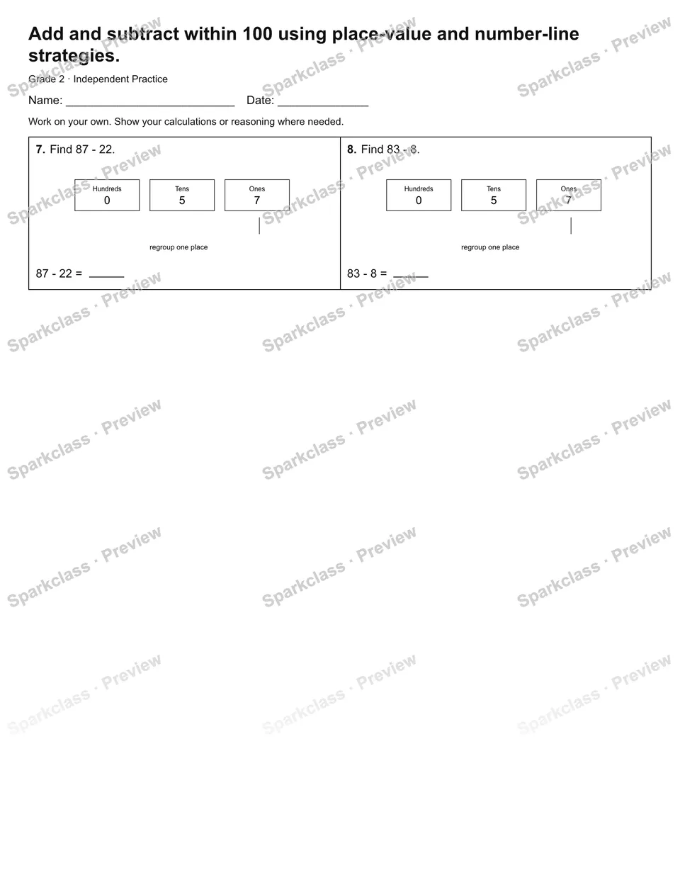 Add and subtract within 100 using place-value and number-line strategies. — Independent Practice — page 2