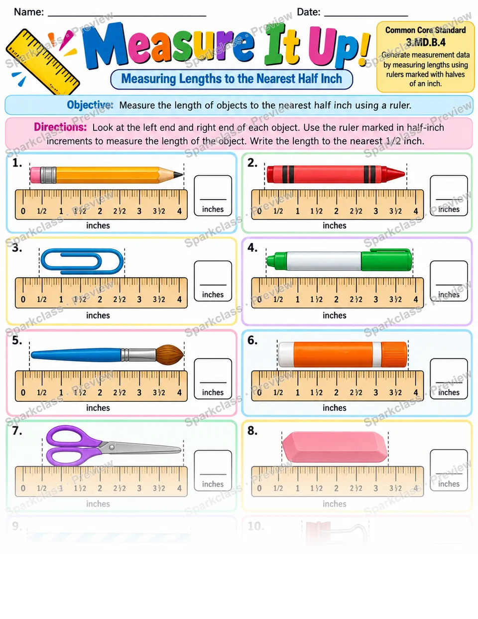 Measure Half Inch 01 — Grade 3 worksheet preview